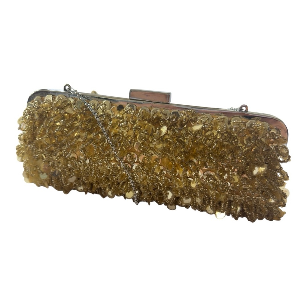 BCBG MAXAZRIA GOLD SEQUIN CLUCTCH W SATIN LINING Dazzling Gold Evening Clutch - Picture 13 of 13